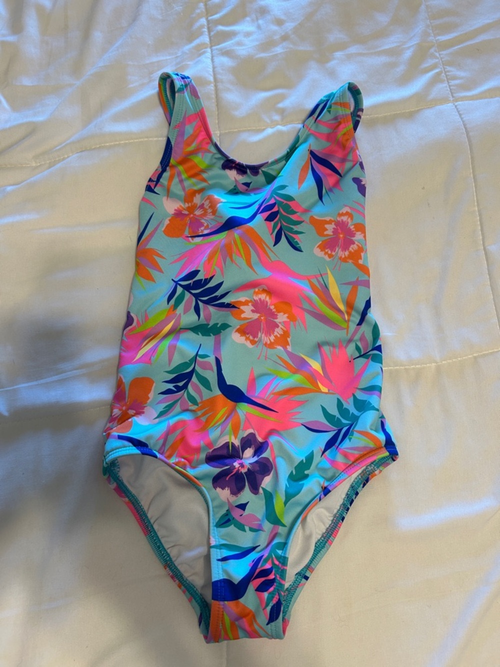 Lands' End Girls' Aqua Tropical Floral One-Piece Swimsuit with Neon Accents